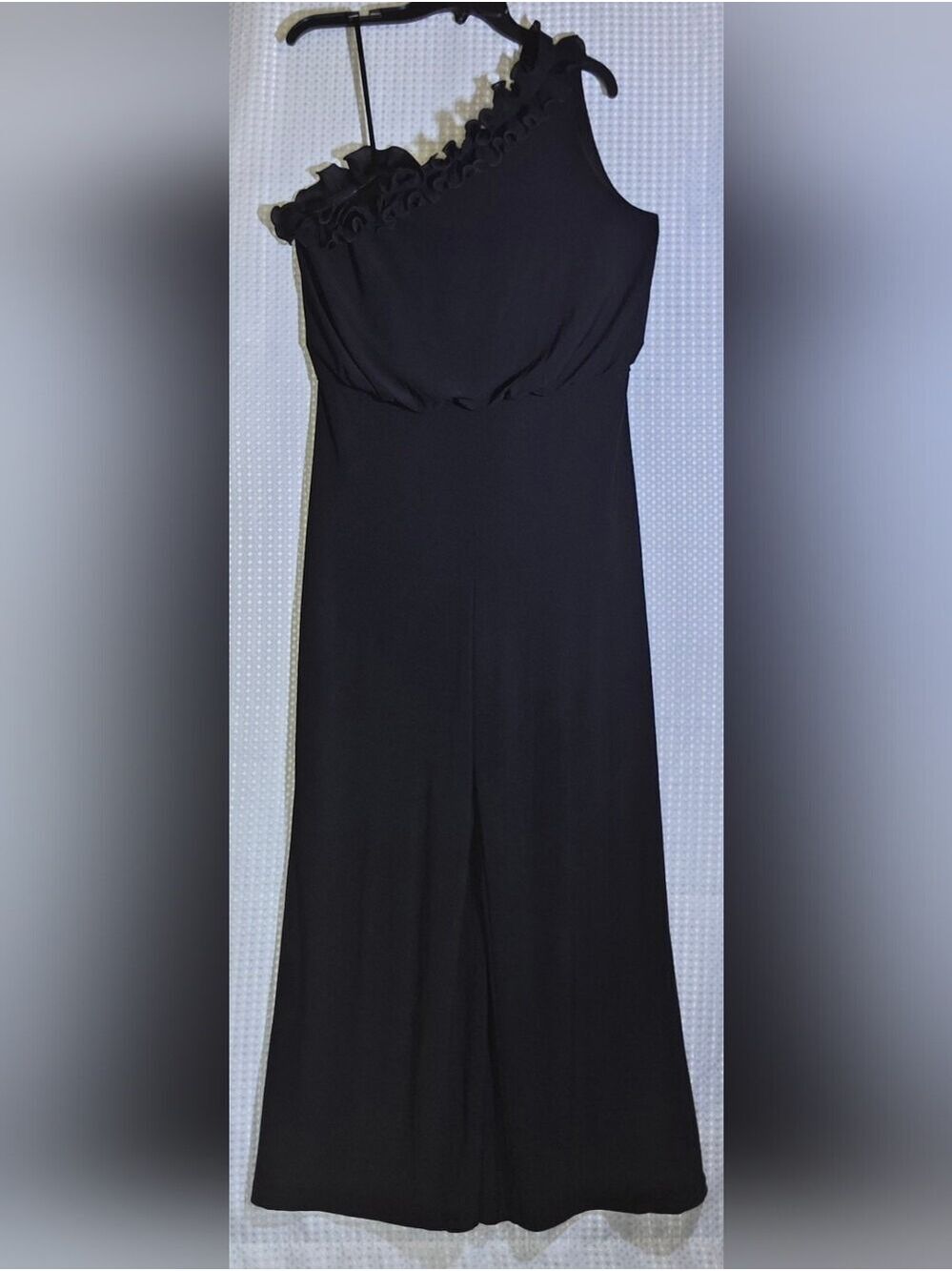 Adrianna Papell Black One-Shoulder Ruffle Wide Leg Jumpsuit Luxe Fashion Size 10 - Picture 11 of 15